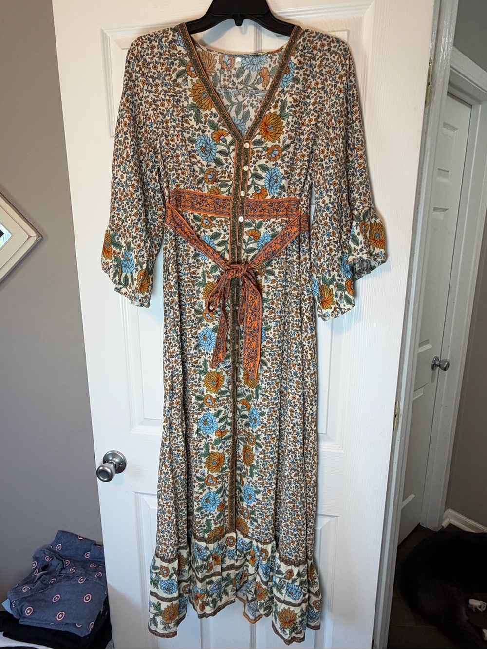 SHEIN Floral Maxi Dress in Cream, Blue & Mustard